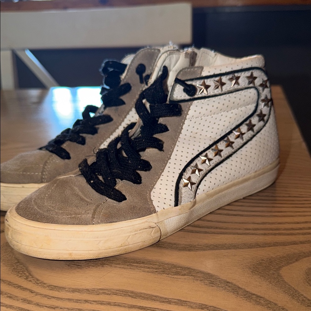 Vintage Havana White and Taupe High-Top Sneakers with Star Studs